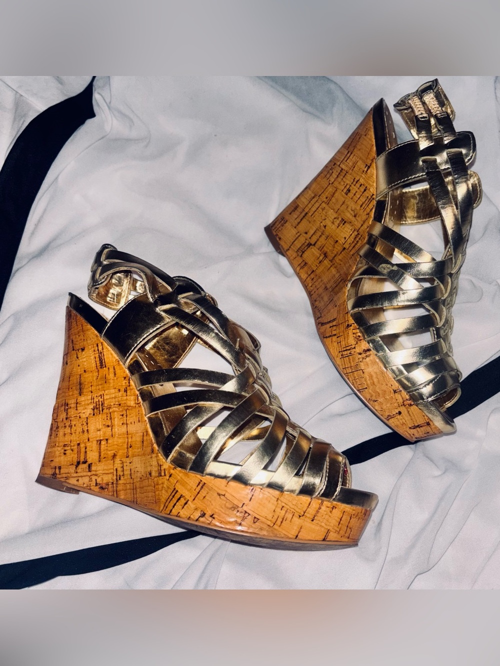 BCBG GIRLS Metallic Gold Caged Wedge Platform Sandals